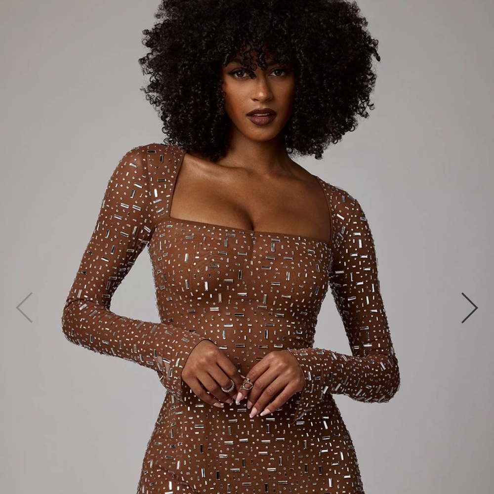Oh Polly Zeta Long Sleeve Mini embellished Dress in Mocha